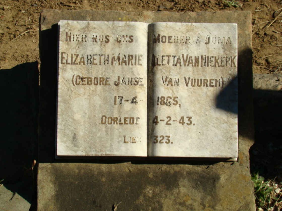 NIEKERK Elizabeth Marie Aletta, van nee JANSE VAN VUUREN 1865-1943