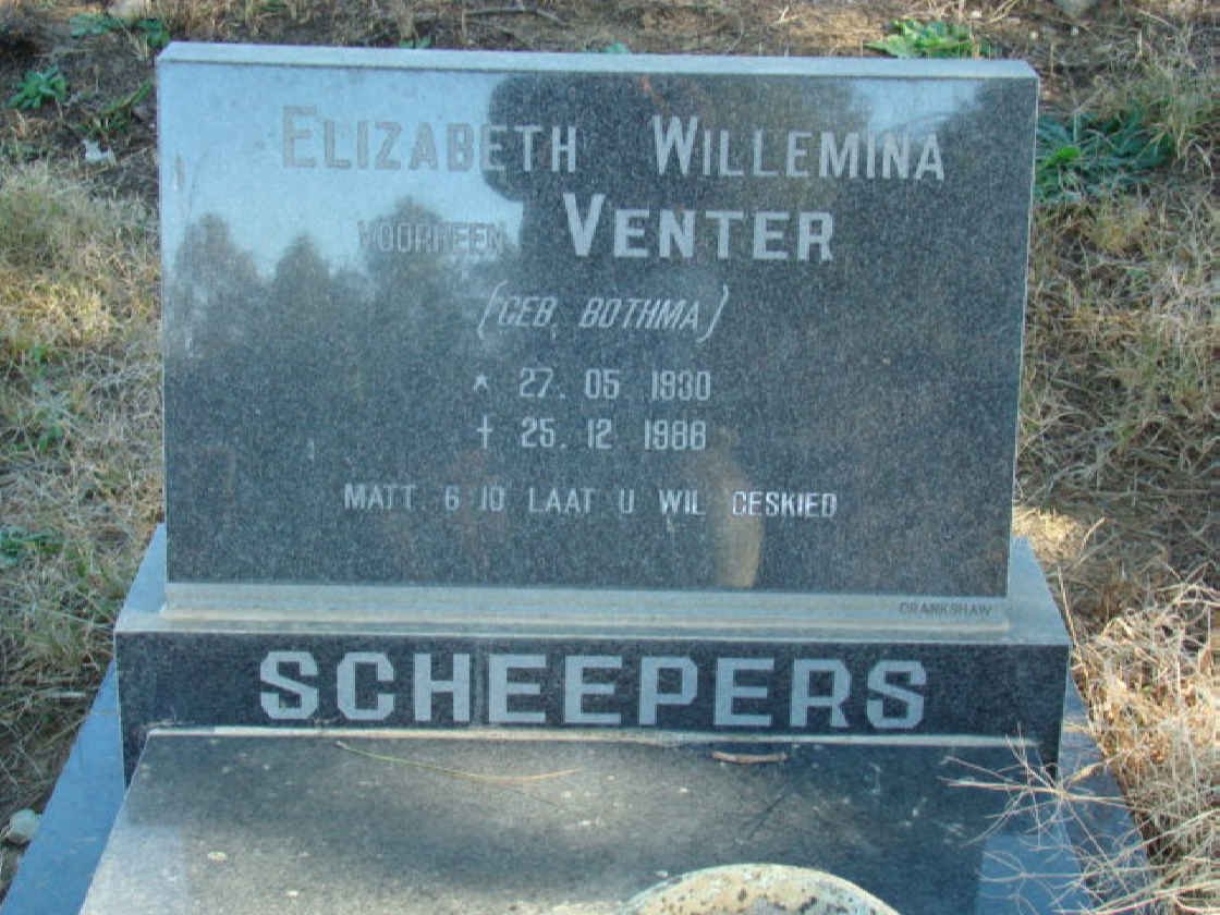 SCHEEPERS Elizabeth Willemina voorheen VENTER nee BOTHMA 1930-1988