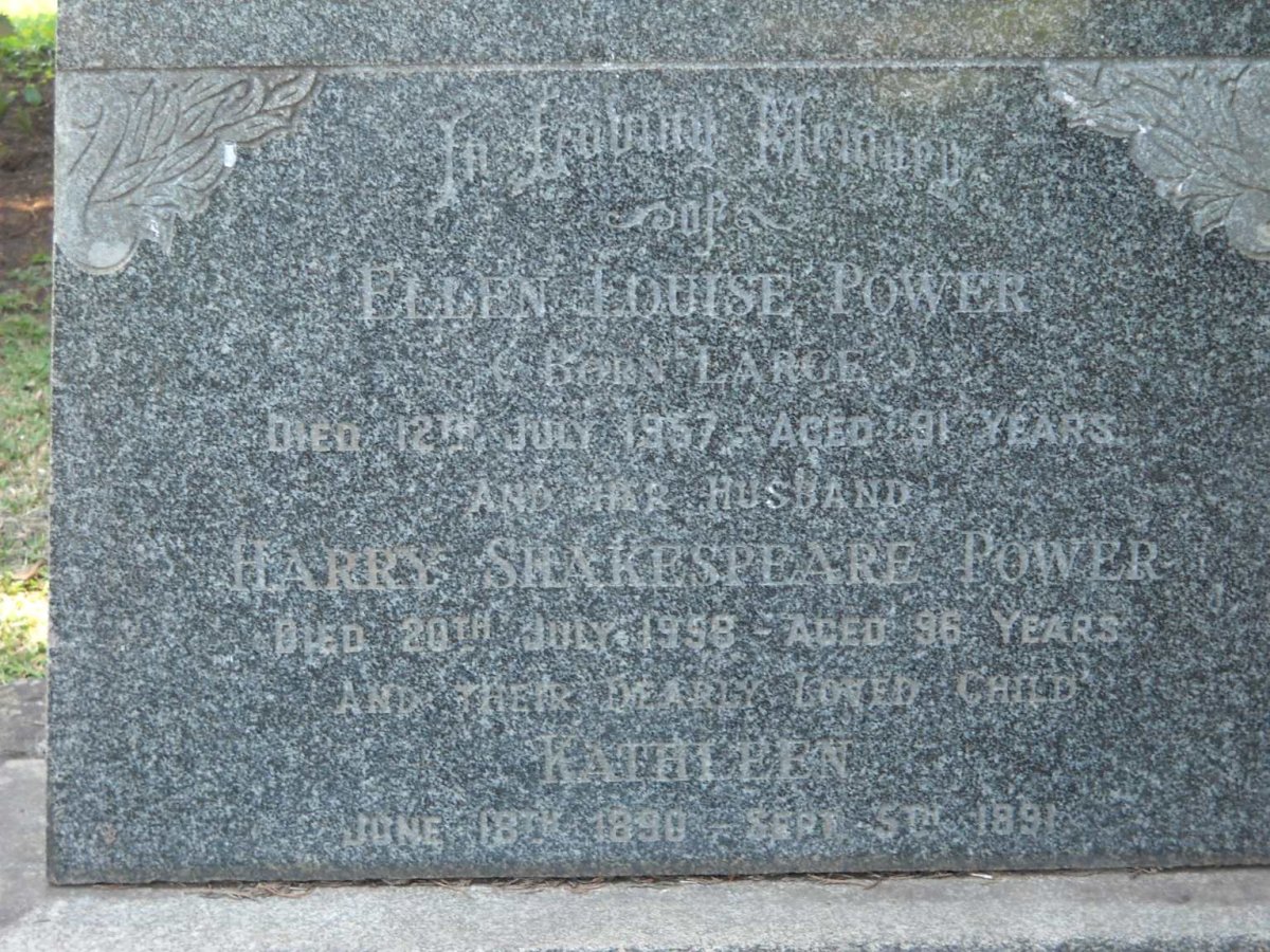 POWER Harry Shakespeare -1958 &amp; Ellen Louise LARGE -1957 :: POWER Kathleen 1890-1891