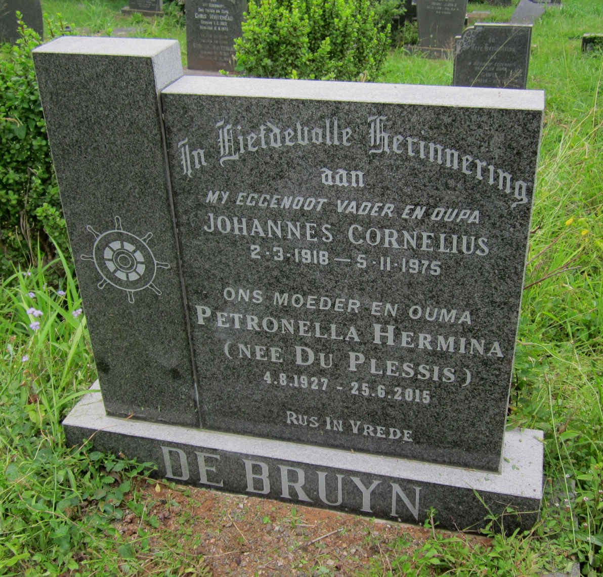 BRUYN Johannes Cornelius, de 1918-1975 &amp; Petronella Hermina DU PLESSIS 1927-2015