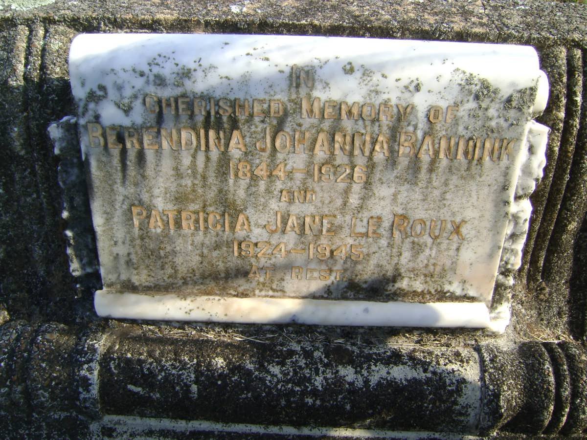 BANNINK Berendina Johanna 1844-1926 :: LE ROUX Patricia Jane 1924-1945