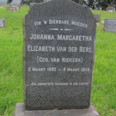 BERG Johanna Margaretha Elizabeth, van der nee VAN NIEKERK 1892-1956