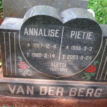 BERG Aletta, van der 1942-2013 :: VAN DER BERG Pietie 1966-2003 :: VAN DER BERG  Annalise 1967-1980