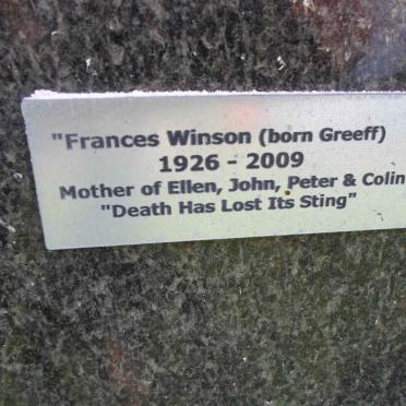 WINSON Francis nee GREEFF 1926-2009
