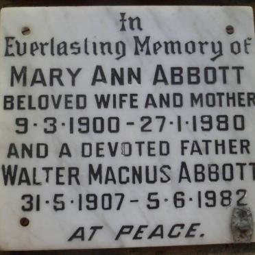 ABBOTT Walter Magnus 1907-1982 &amp; Mary Ann 1900-1980