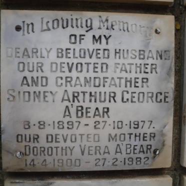 A'BEAR Sidney Arthur George 1897-1977 &amp; Dorothy Vera 1900-1982