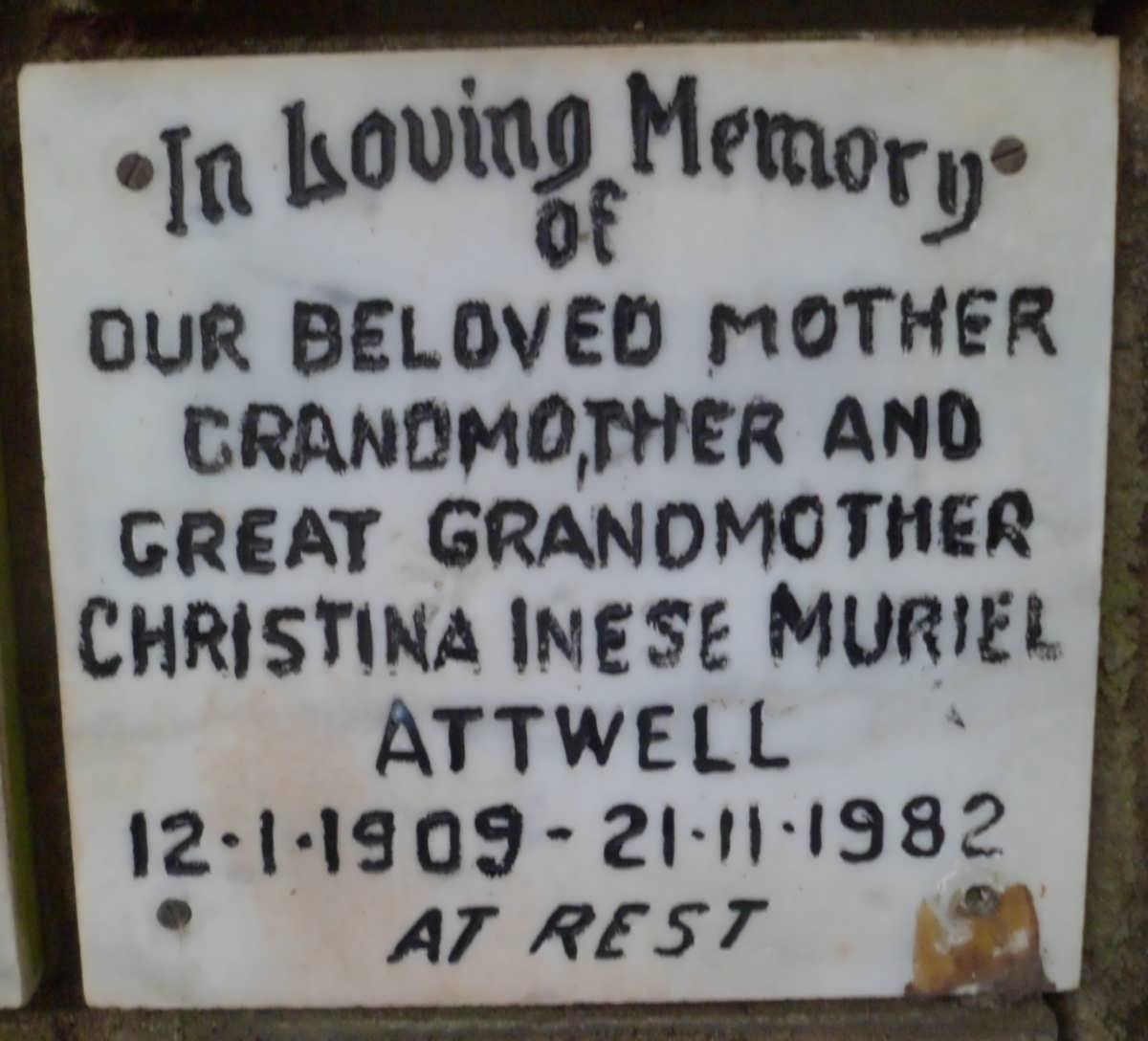 ATTWELL Christina Inese Muriel 1909-1982