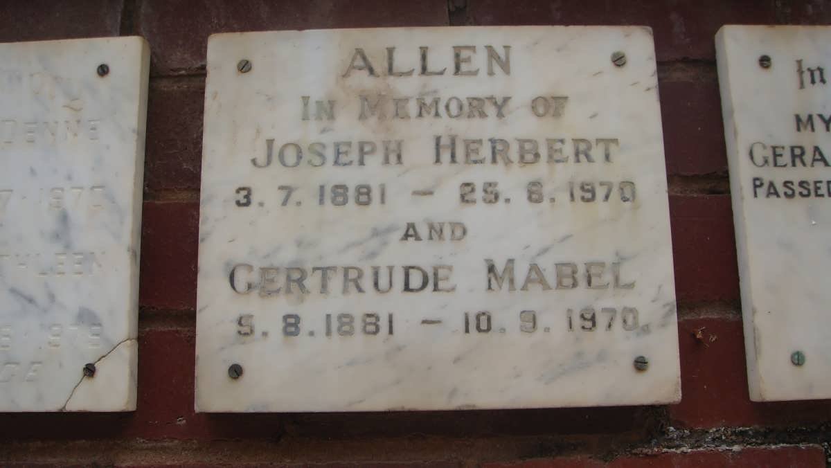 ALLEN Joseph Herbert 1881-1970 &amp; Gertrude Mabel 1881-1970