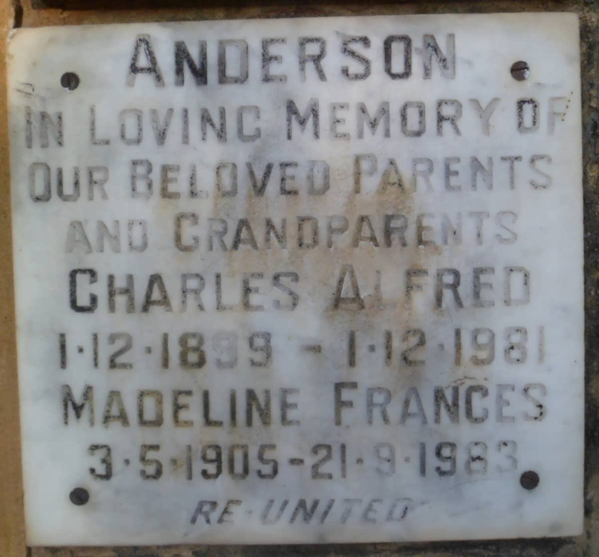 ANDERSON Charles Alfred 1899-1981 &amp; Madeline Frances 1905-1983