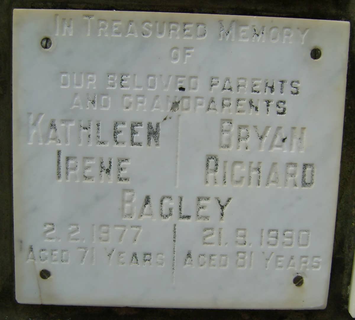 BAGLEY Bryan Richard -1990 &amp; Kathleen Irene -1977