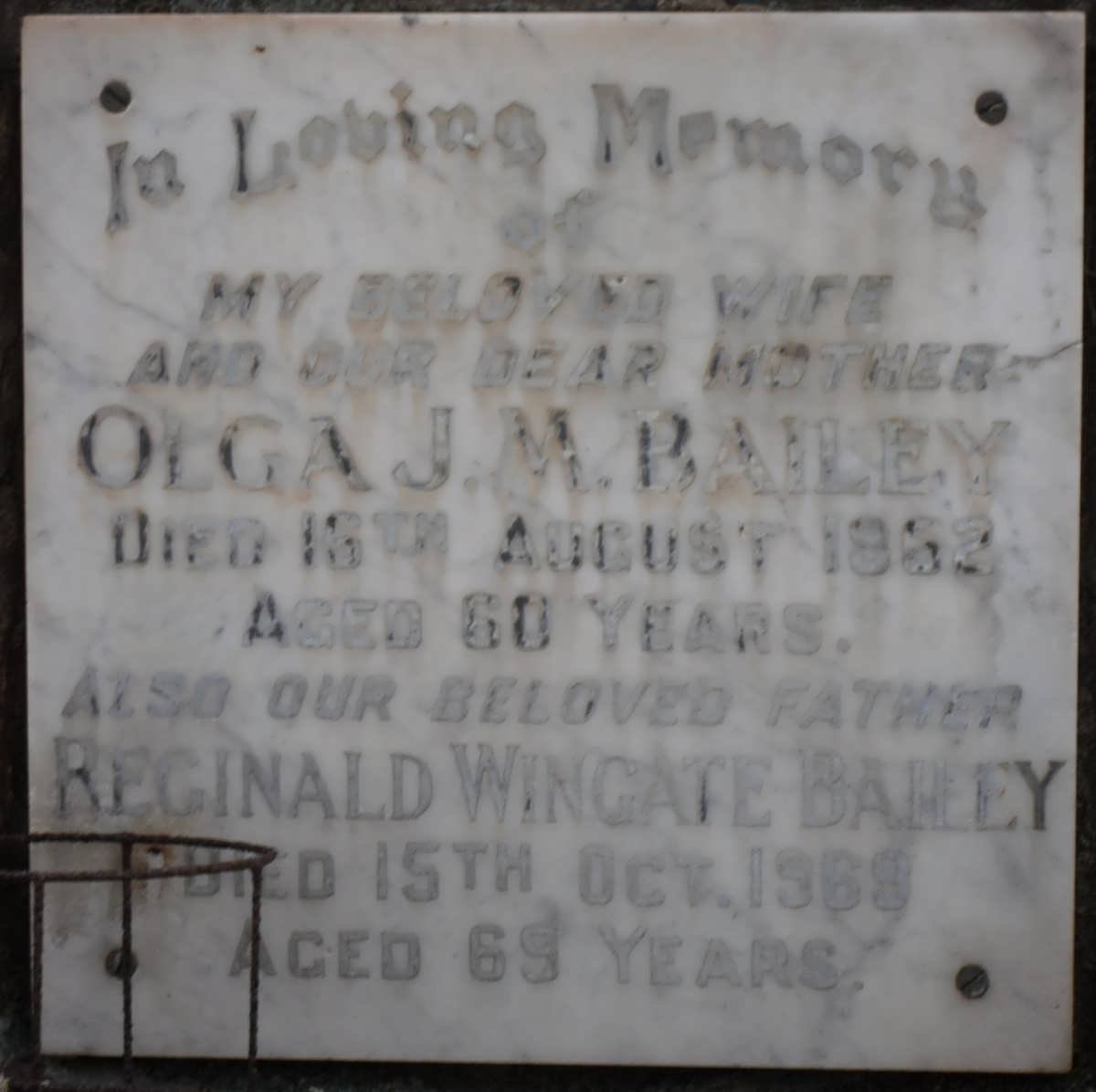 BAILEY Reginald Wingate -1969 &amp; Olga J.M. -1962