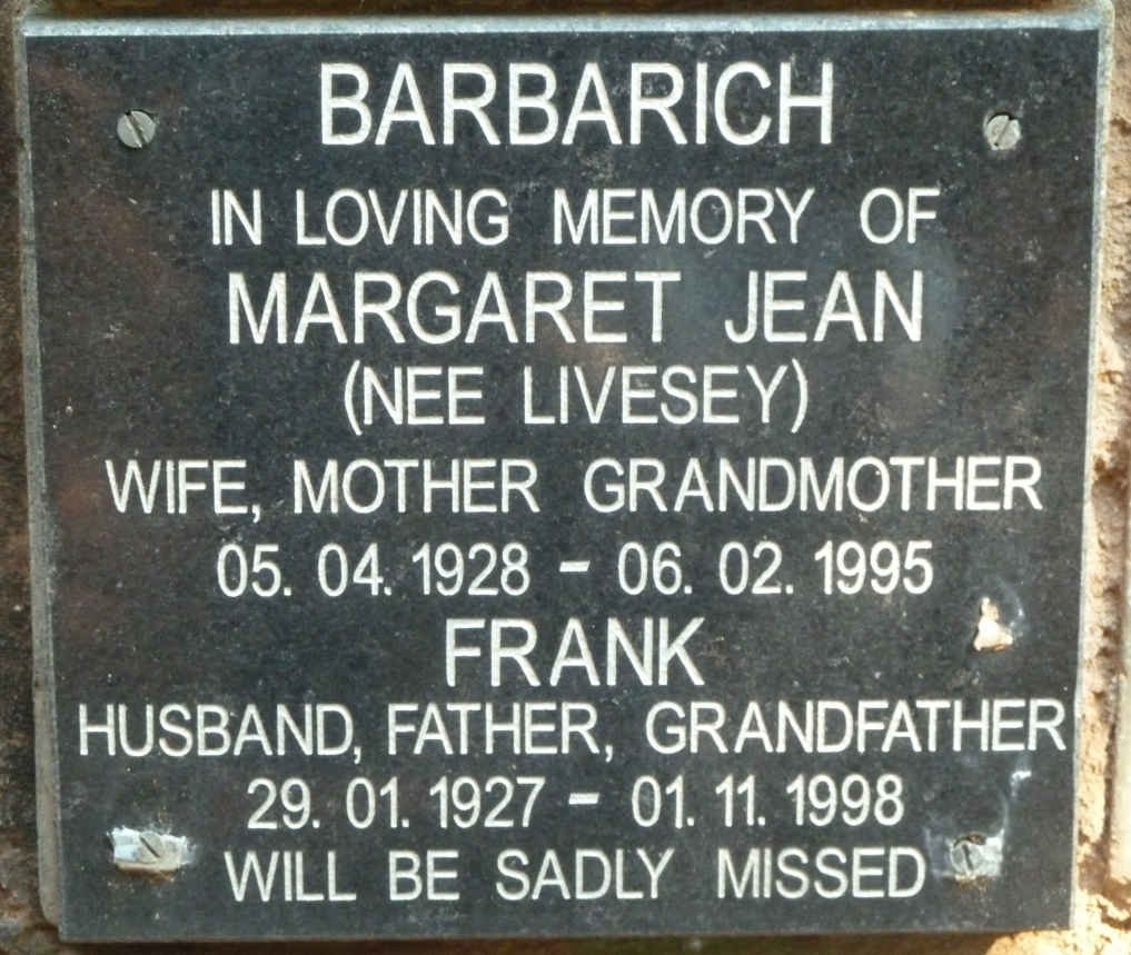BARBARICH Frank 1927-1998 &amp; Margaret Jean LIVESEY 1928-1995