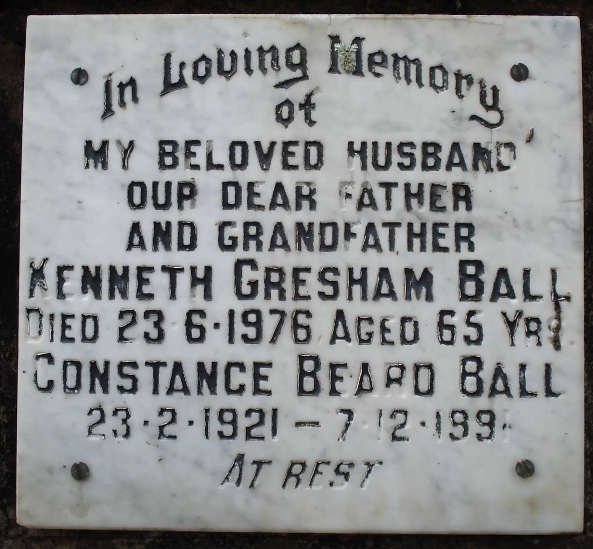BALL Kenneth Gresham -1976 &amp; Constance Beard -1921-1991