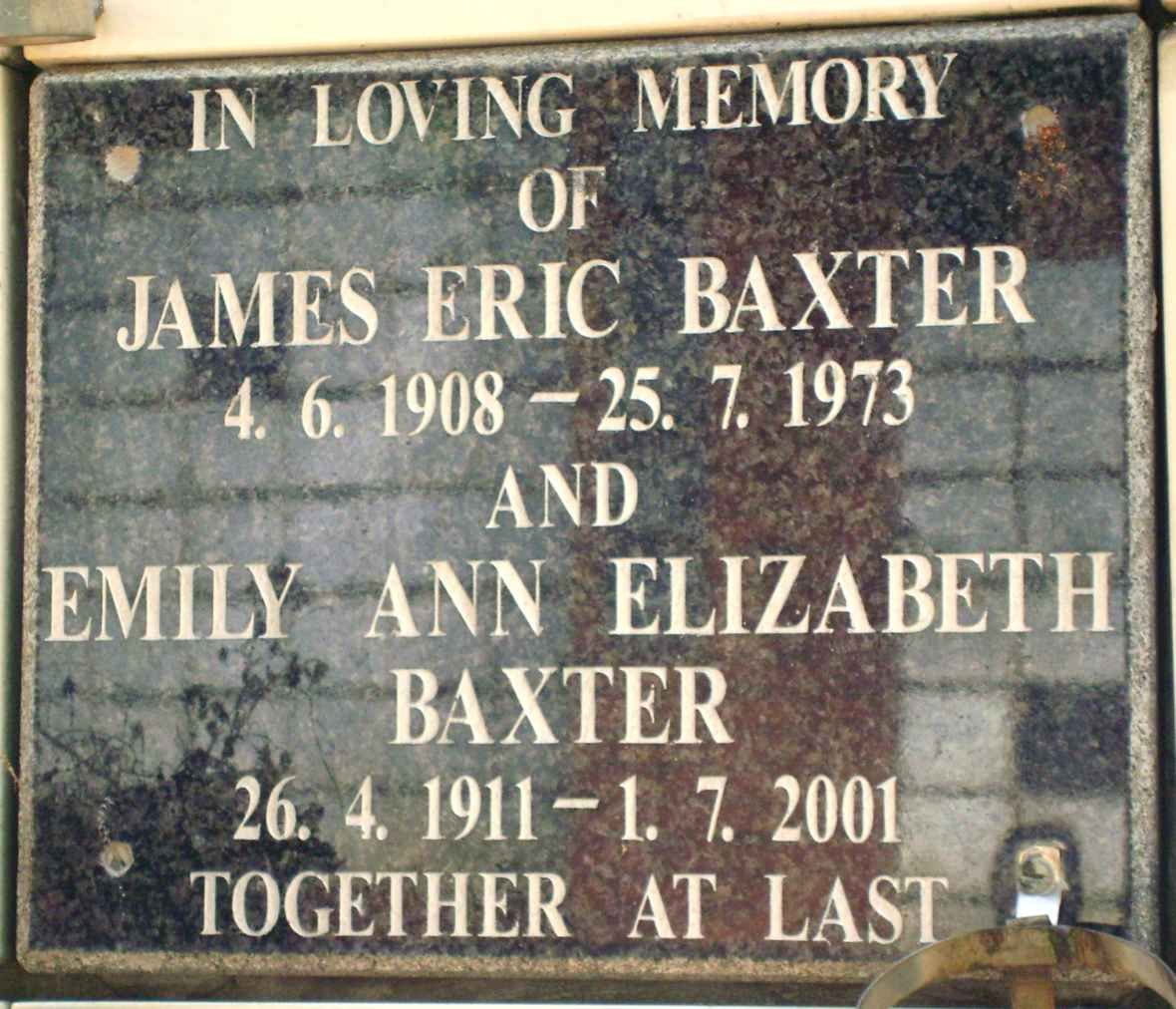 BAXTER James Eric 1908-1973 &amp; Emily Ann Elizabeth 1911-2001