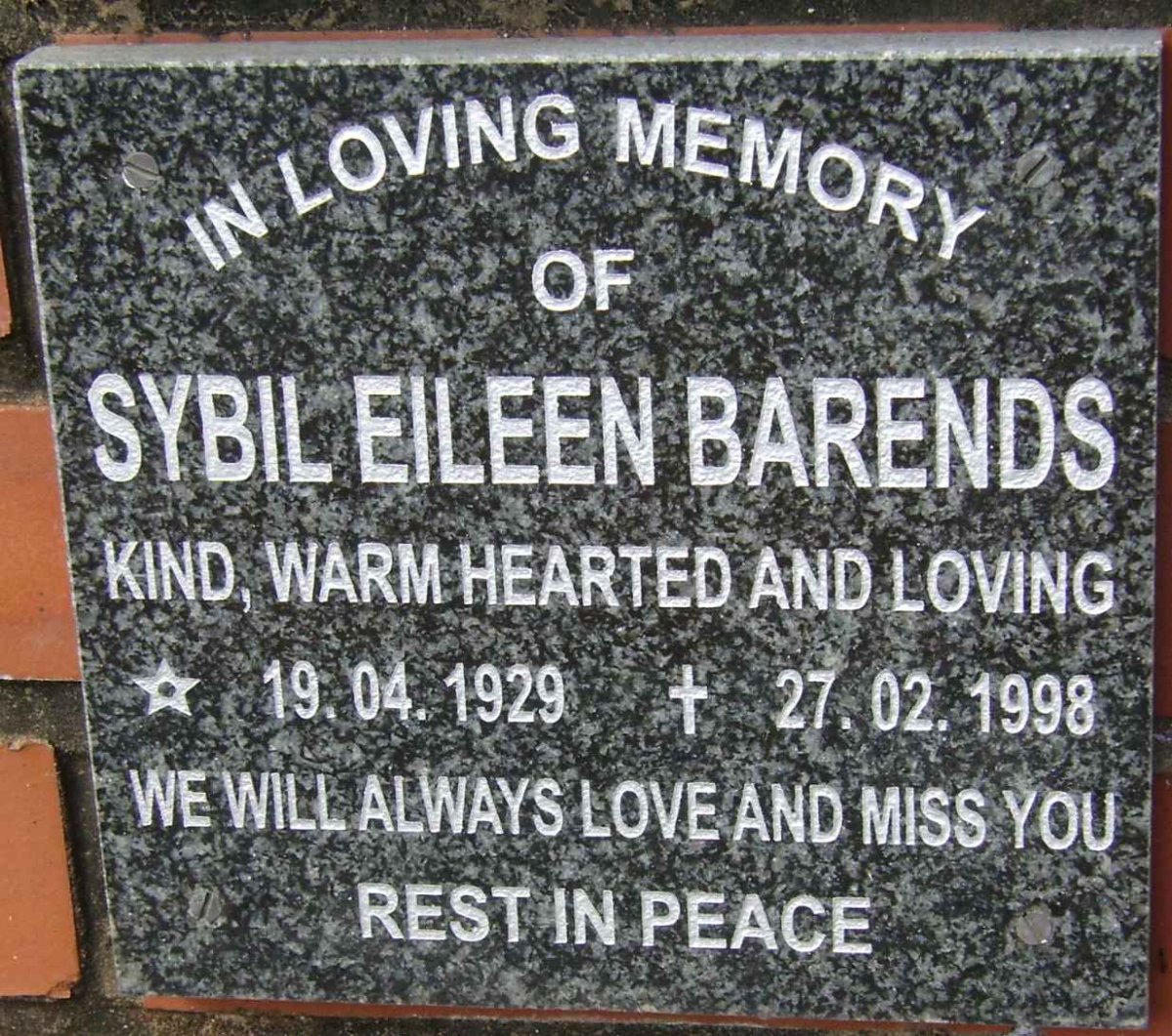 BARENDS Sybil Eileen 1929-1998