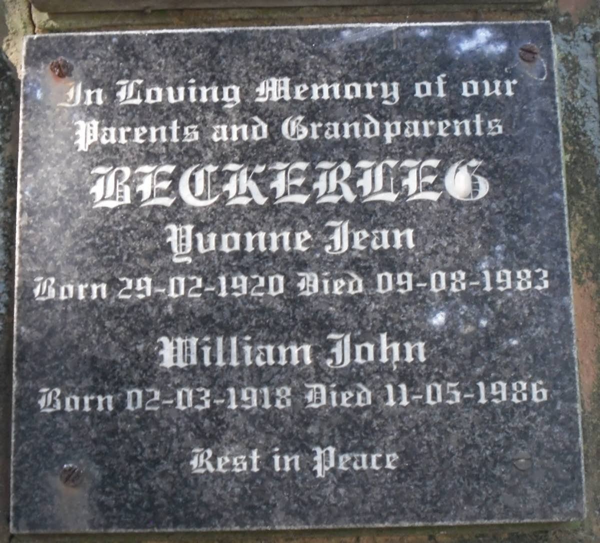 BECKERLEG William John 1918-1986 &amp; Yvonne Jean 1920-1983