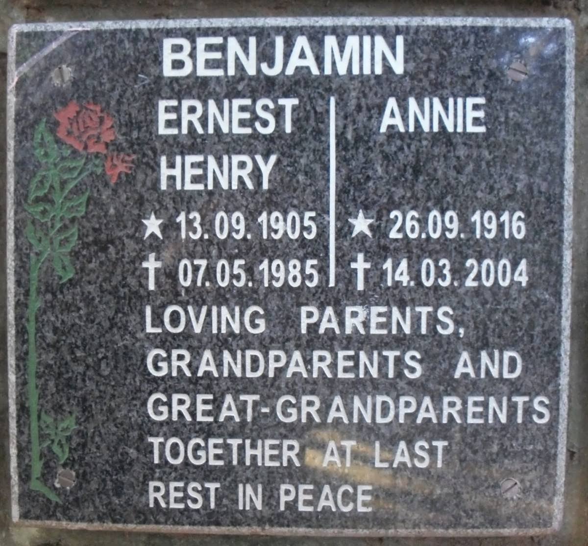 BENJAMIN Ernest Henry 1905-1985 &amp; Annie 1916-2004