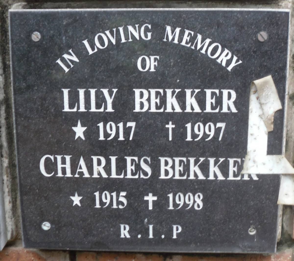 BEKKER Charles 1915-1998 &amp; Lily 1917-1997