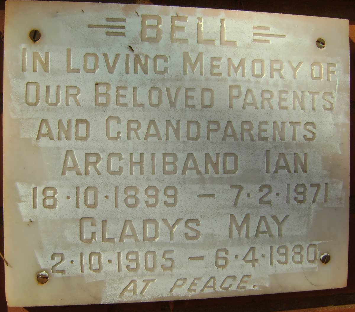 BELL Archiband Ian 1899-1971 &amp; Gladys May 1905-1980