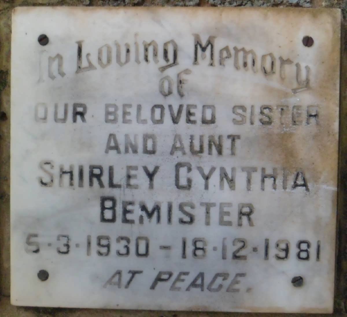 BEMISTER Shirley Cynthia 1930-1981