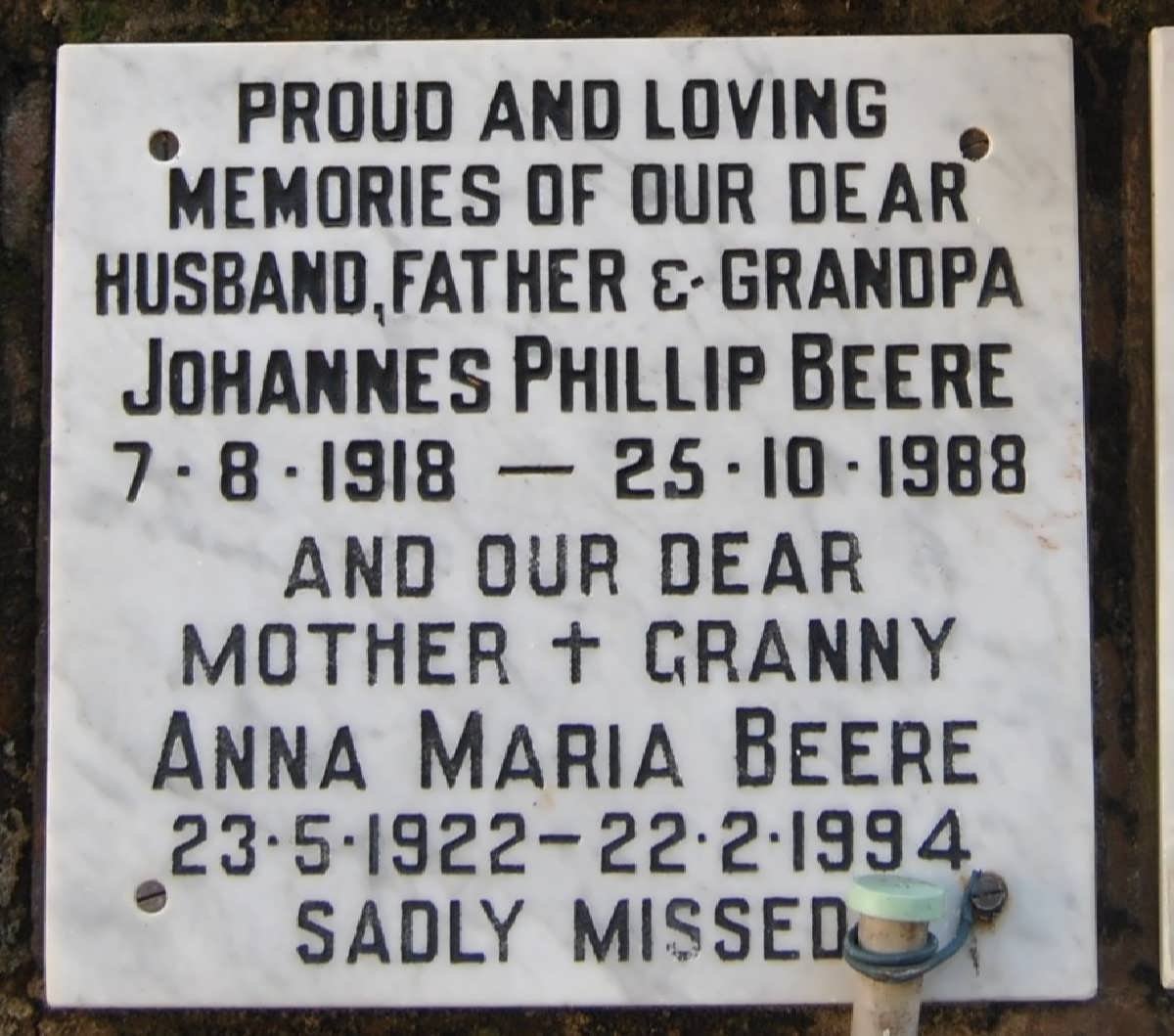 BEERE Johannes Phillip 1918-1988 &amp; Anna Maria 1922-1994