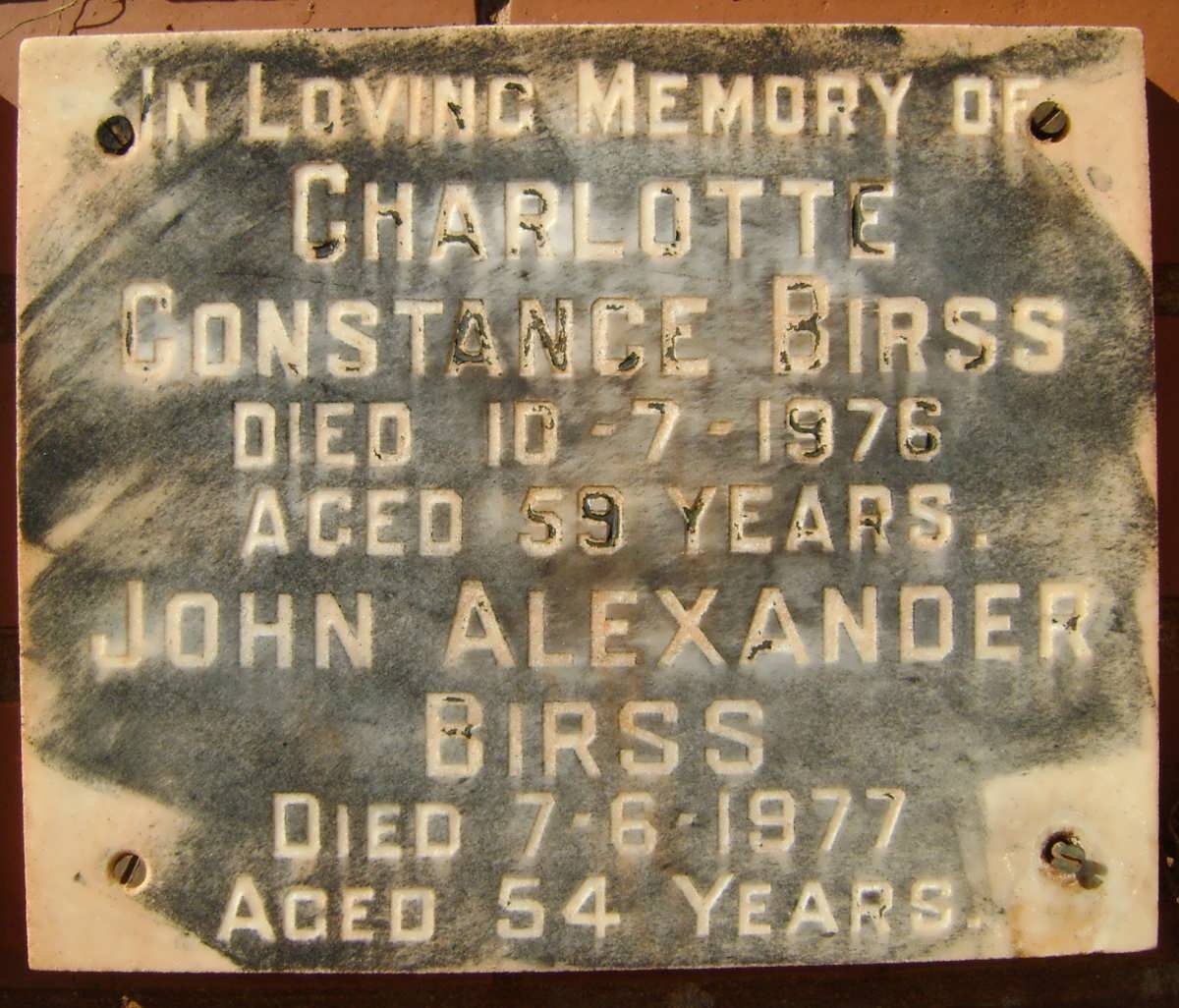 BIRSS John Alexander -1977 &amp; Charlotte Constance -1976