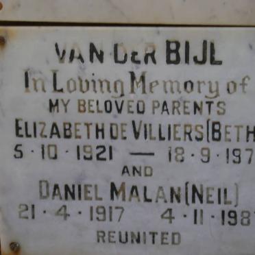 BIJL Daniel Malan, van der 1917-1987 &amp; Elizabeth De VILLIERS 1921-1975