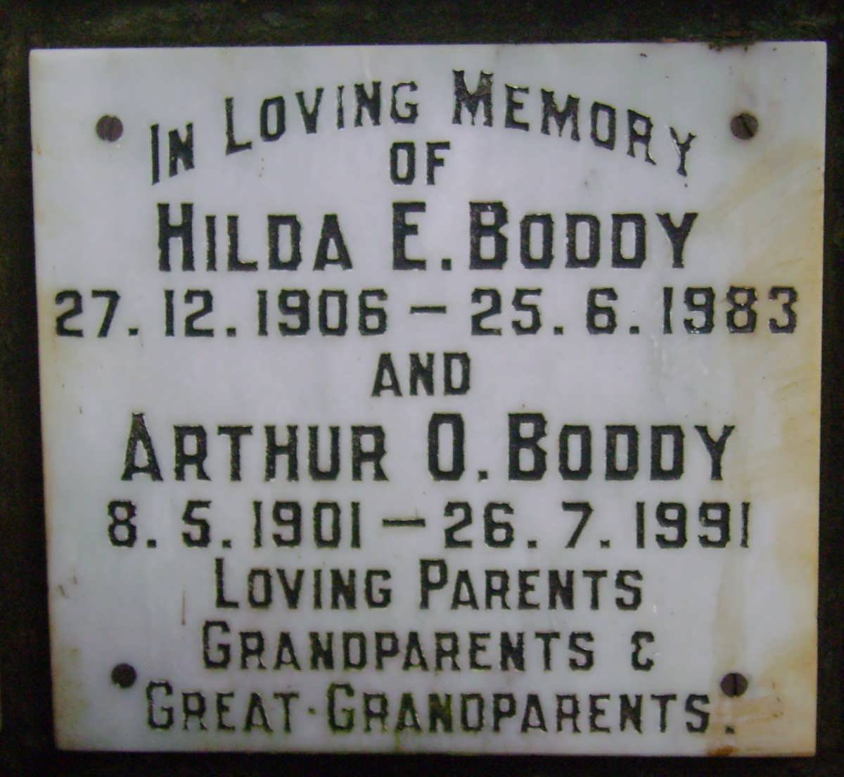 BODDY Arthur O. 1901-1991 &amp; Hilda E. 1906-1983