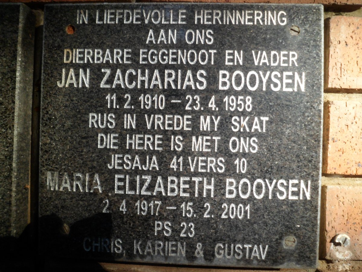 BOOYSEN Jan Zacharias 1910-1958 &amp; Maria Elizabeth 1917-2001