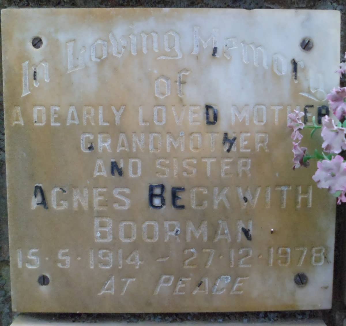 BOORMAN Agnes Beckwith 1914-1978