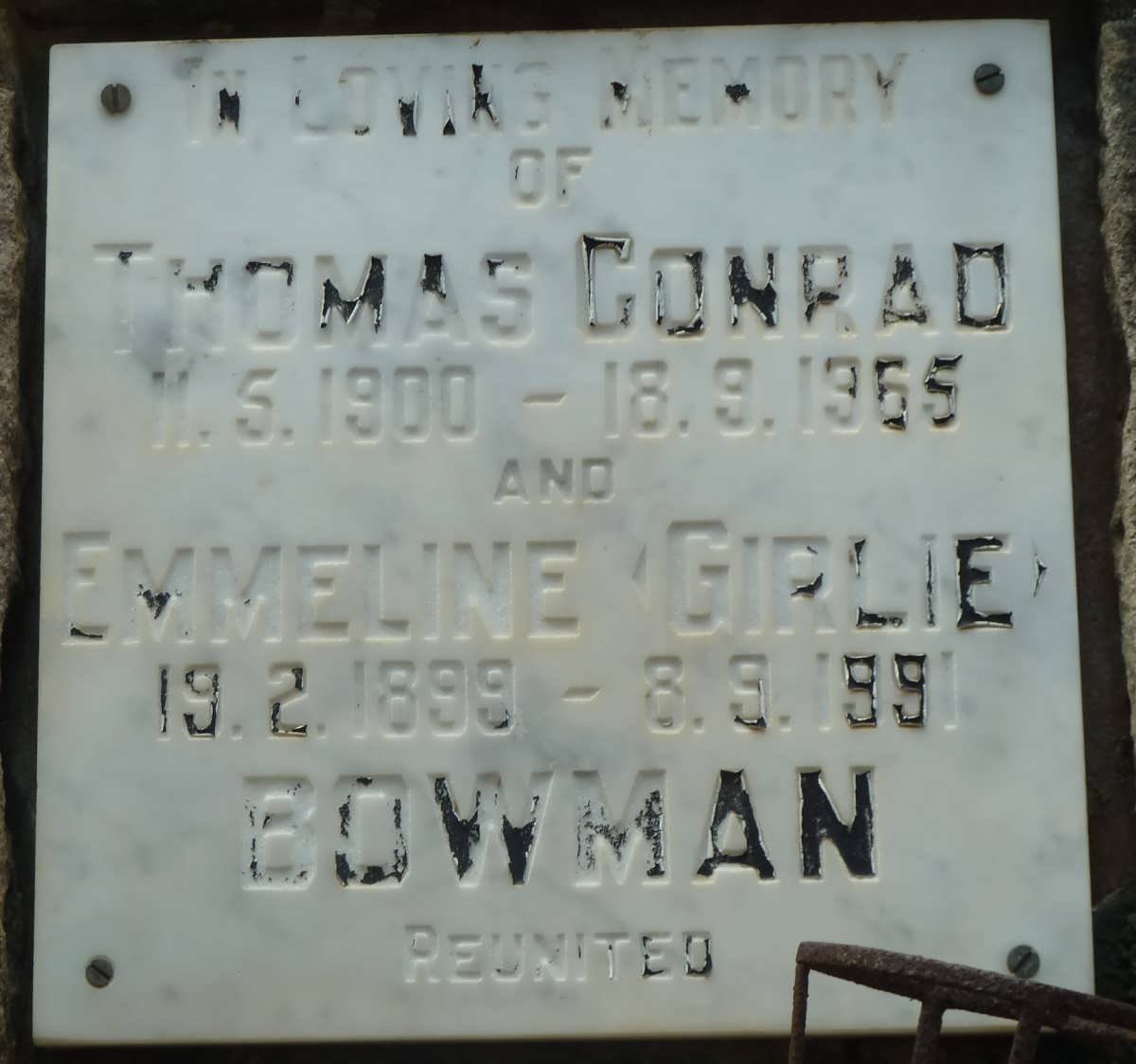 BOWMAN Thomas Conrad 1900-1965 &amp; Emmeline Girlie 1899-1991