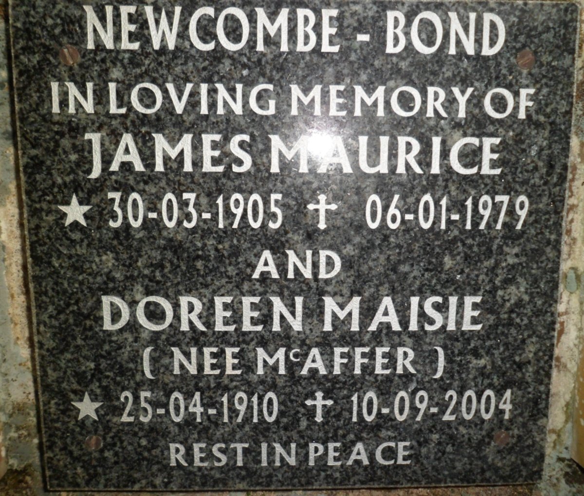 BOND James Maurice, NEWCOMBE 1905-1979 &amp; Doreen Maisie McAFFER 1910-2004