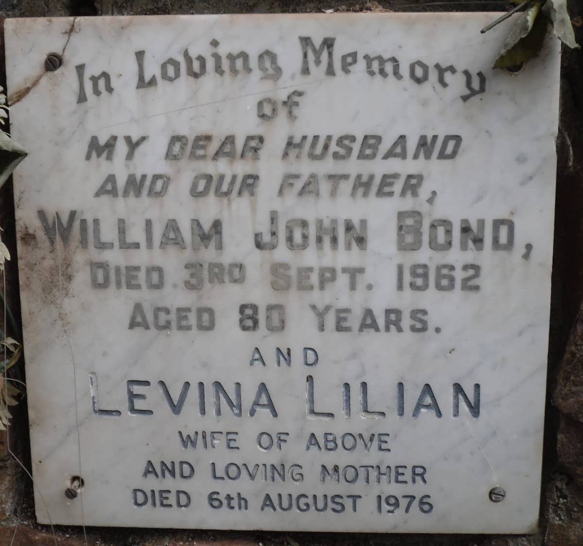 BOND William John -1962 &amp; Levina Lilian -1976