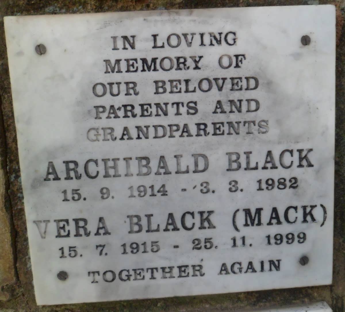 BLACK Archibald 1914-1982 &amp; Vera MACK 1915-1999