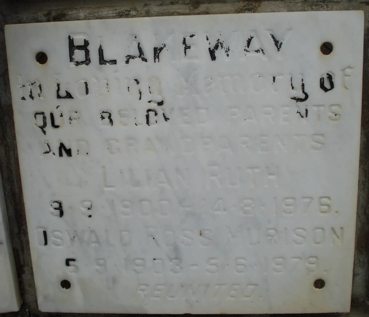 BLAKEWAY Oswald Ross Murison 1903-1979 &amp; Lilian Ruth 1900-1976