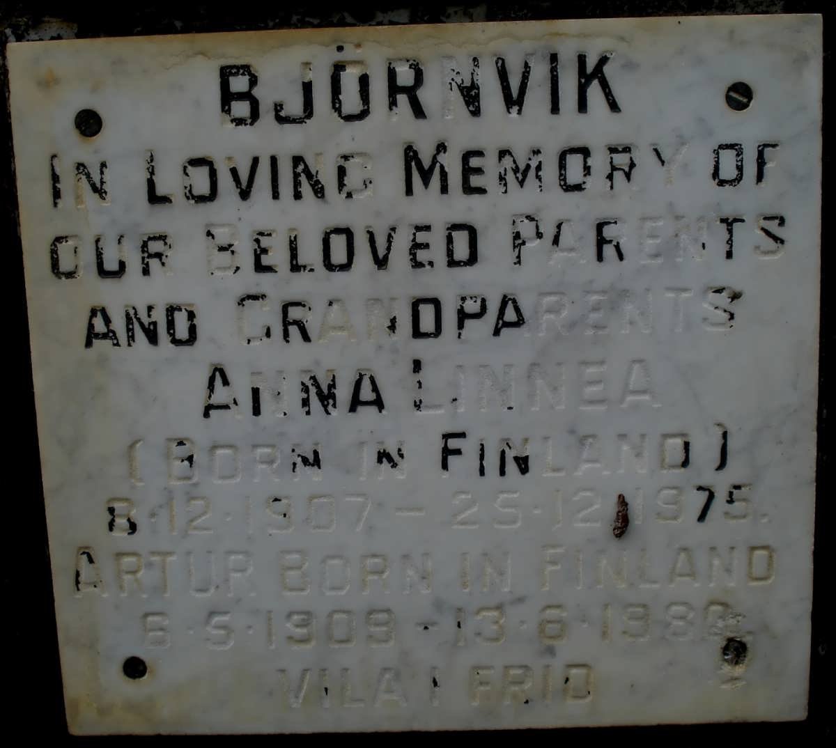 BJORNVIK Arthur 1909-1980 &amp; Anna Linnea 1907-1975