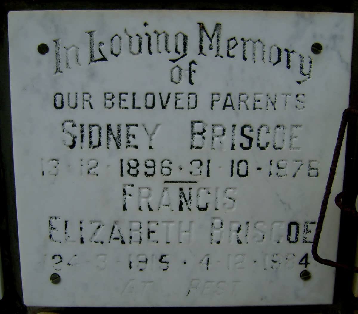 BRISCOE Sidney 1896-1976 &amp; Francis Elizabeth 1915-1984