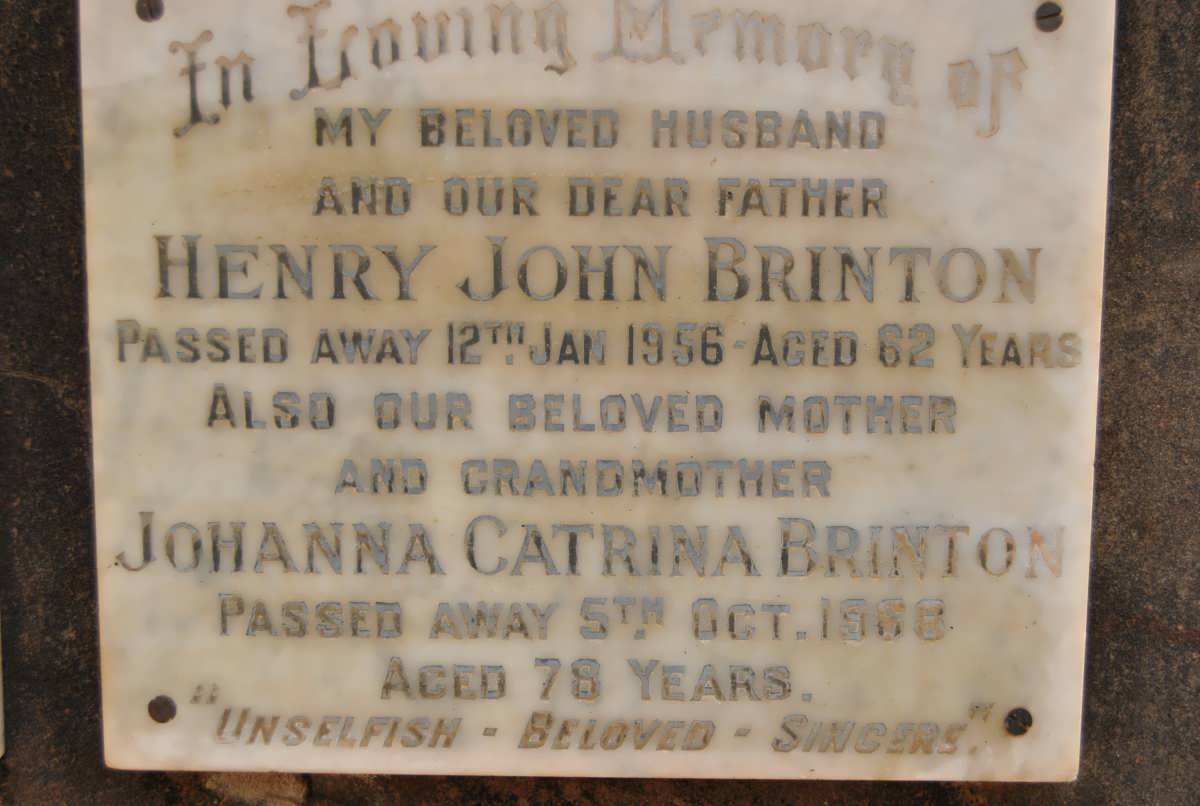 BRINTON Henry John -1956 &amp; Johanna Catrina -1968