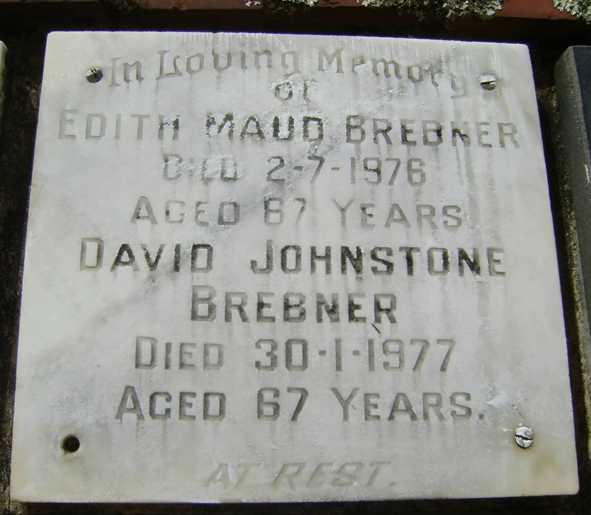 BREBNER David Johnstone -1977 &amp; Edith Maud -1976
