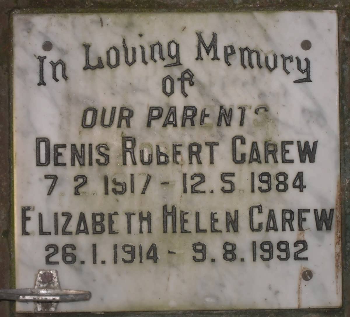 CAREW Denis Robert 1917-1984 &amp; Elizabeth Helen 1914-1992