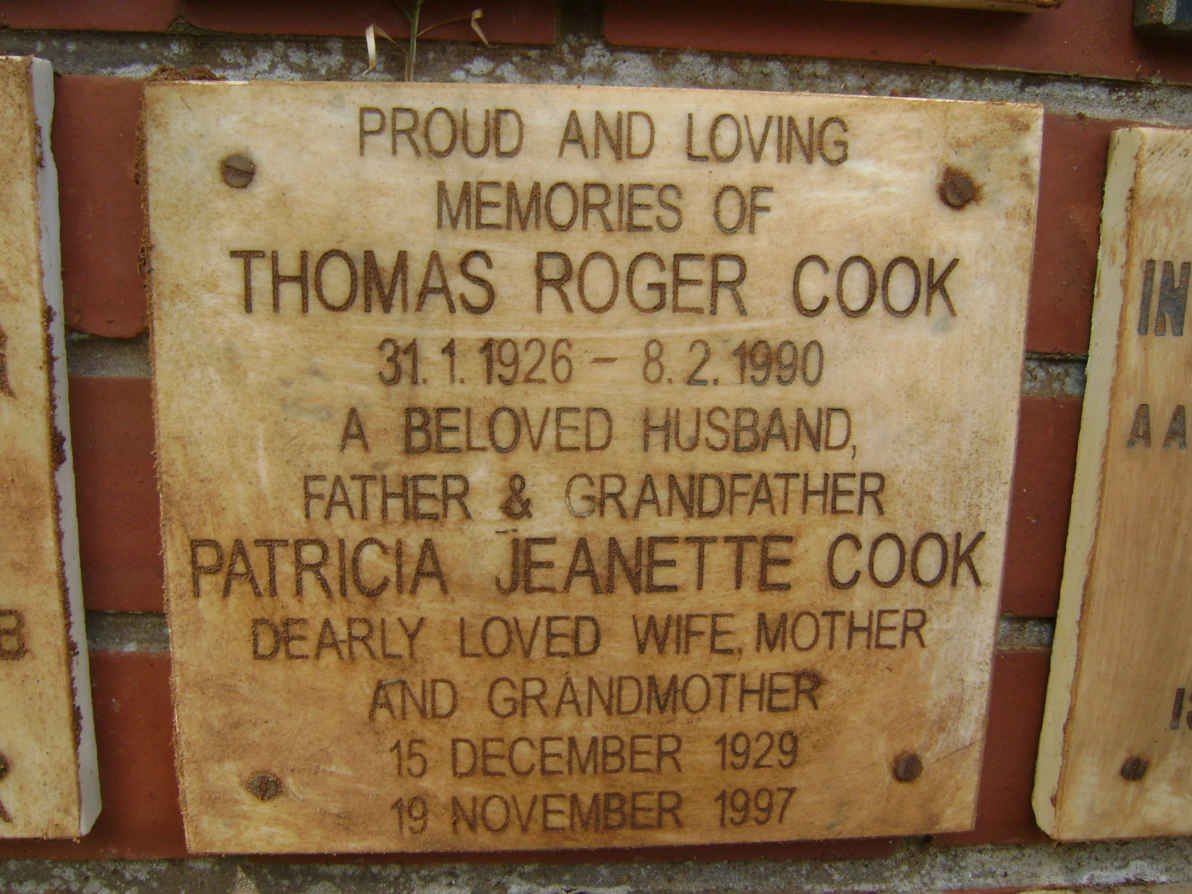 COOK Thomas Roger 1926-1990 &amp; Patricia Jeanette 1929-1997