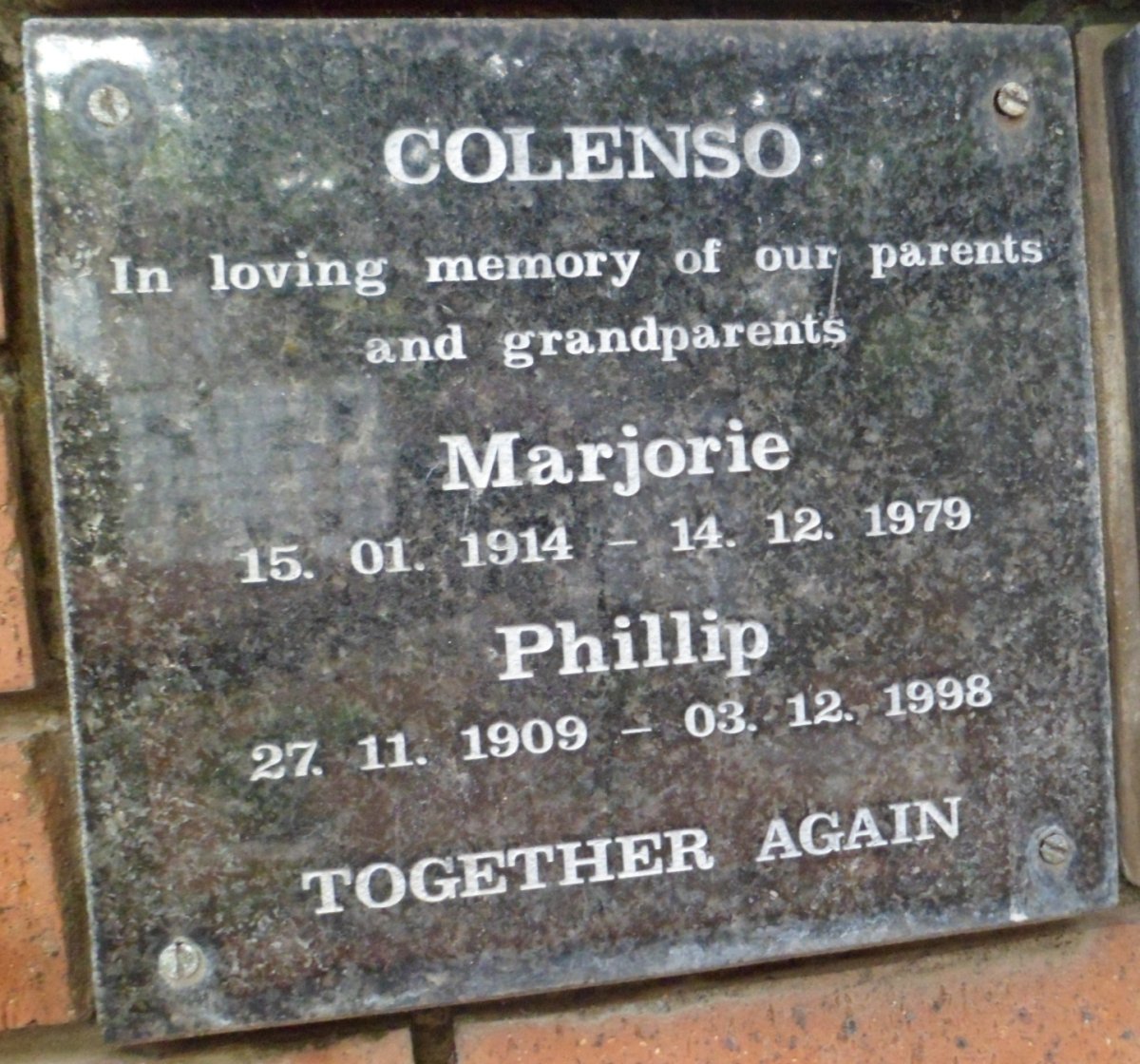 COLENSO Phillip 1909-1998 &amp; Marjorie 1914-1979