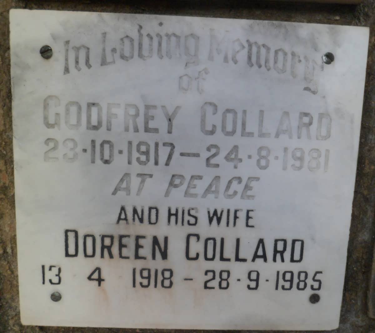 COLLARD Godfrey 1917-1981 &amp; Doreen 1918-1985