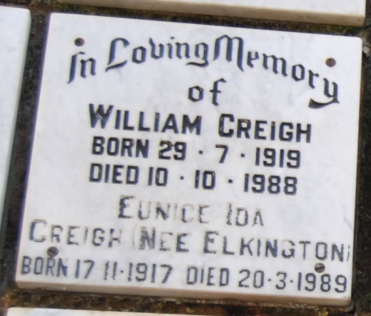 CREIGH William 1919-1988 &amp; Eunice Ida ELKINGTON 1917-1989