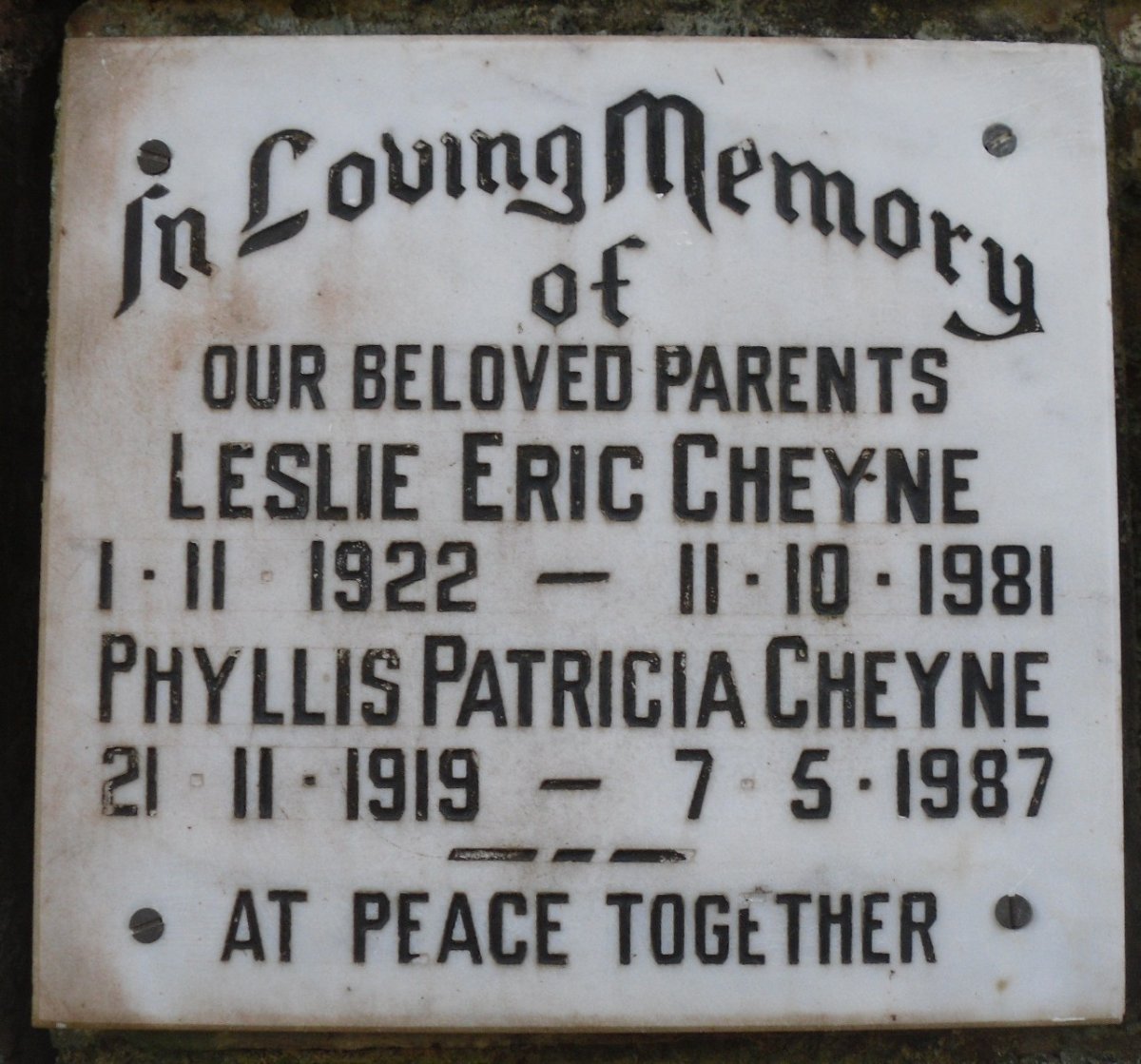 CHEYNE Leslie Eric 1922-1981 &amp; Phyllis Patricia 1919-1987