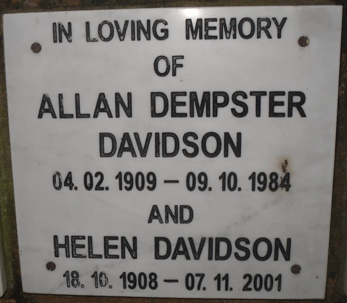 DAVIDSON Allan Dempster 1909-1984 &amp; Helen 1908-2001