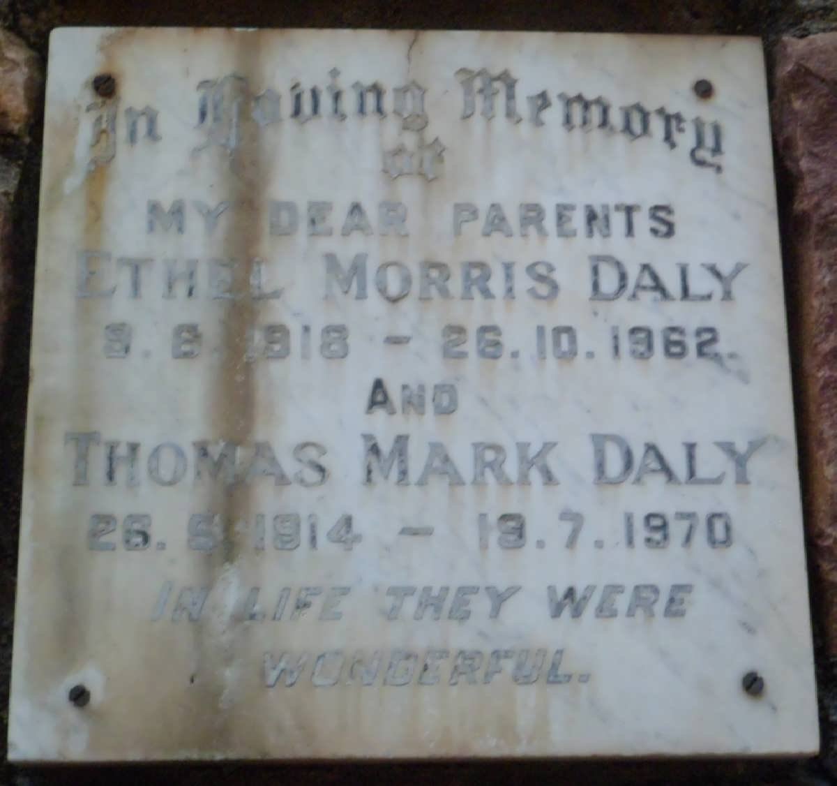 DALY Thomas Mark 1914-1970 &amp; Ethel Morris 1918-1962