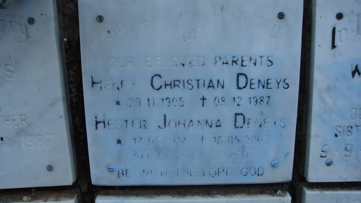 DENEYS Henry Christian 1905-1987 &amp; Hester Johanna 1914-2003