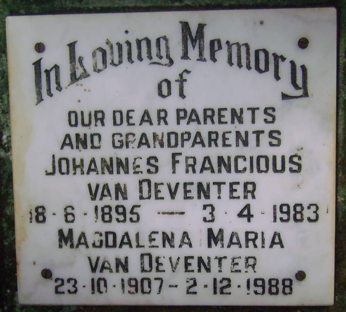 DEVENTER Johannes Francious, van 1895-1983 &amp; Magdalena Maria 1907-1988