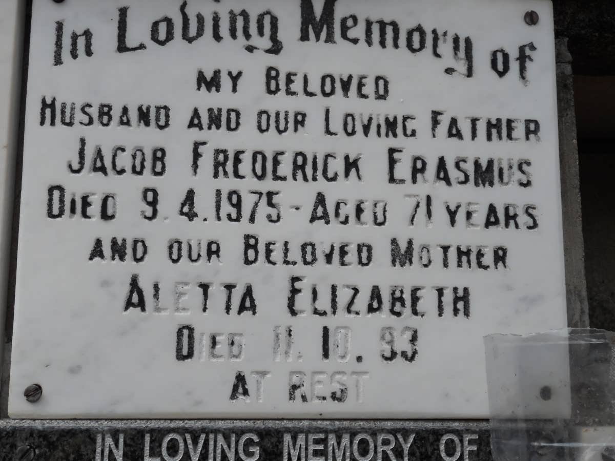 ERASMUS Jacob Frederick -1975 &amp; Aletta Elizabeth -1993